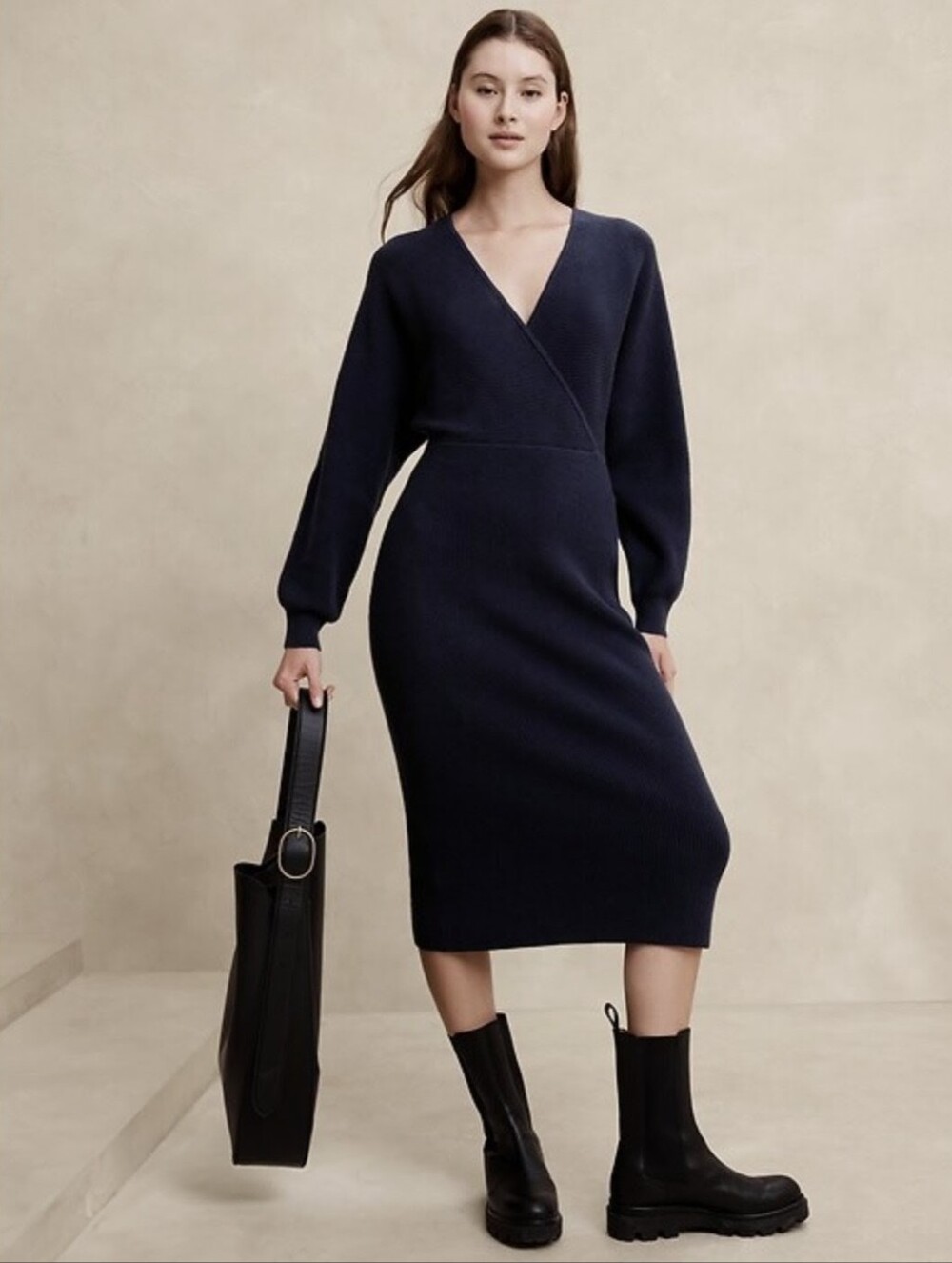 Banana Republic Navy Wrap V-Neck Midi Dress NWT Size Medium